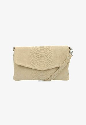 Borsa a tracolla beige con design in stampa rettile testurizzata sul fronte, finitura in camoscio liscio, patta pieghevole e tracolla staccabile.
