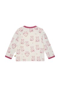 Langarmshirt aus cremefarbenem Baumwollstoff mit pinkem Eulenmotiv. Hat einen runden Ausschnitt und pinke gerippte Bündchen. Weicher Stoff mit glatter Textur.