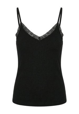 Schwarzes, geripptes Camisole mit dünnen doppelten Trägern und Spitze entlang des V-Ausschnitts und der Seiten.