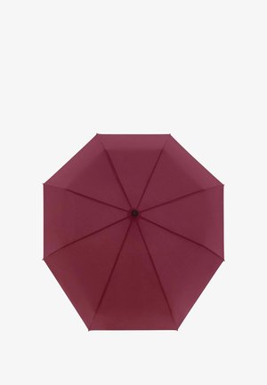 Bordeauxkleurige paraplu met een achthoekige tent, gladde stof, zwarte centrale knop en bijpassende zwarte ribben voor structurele ondersteuning.