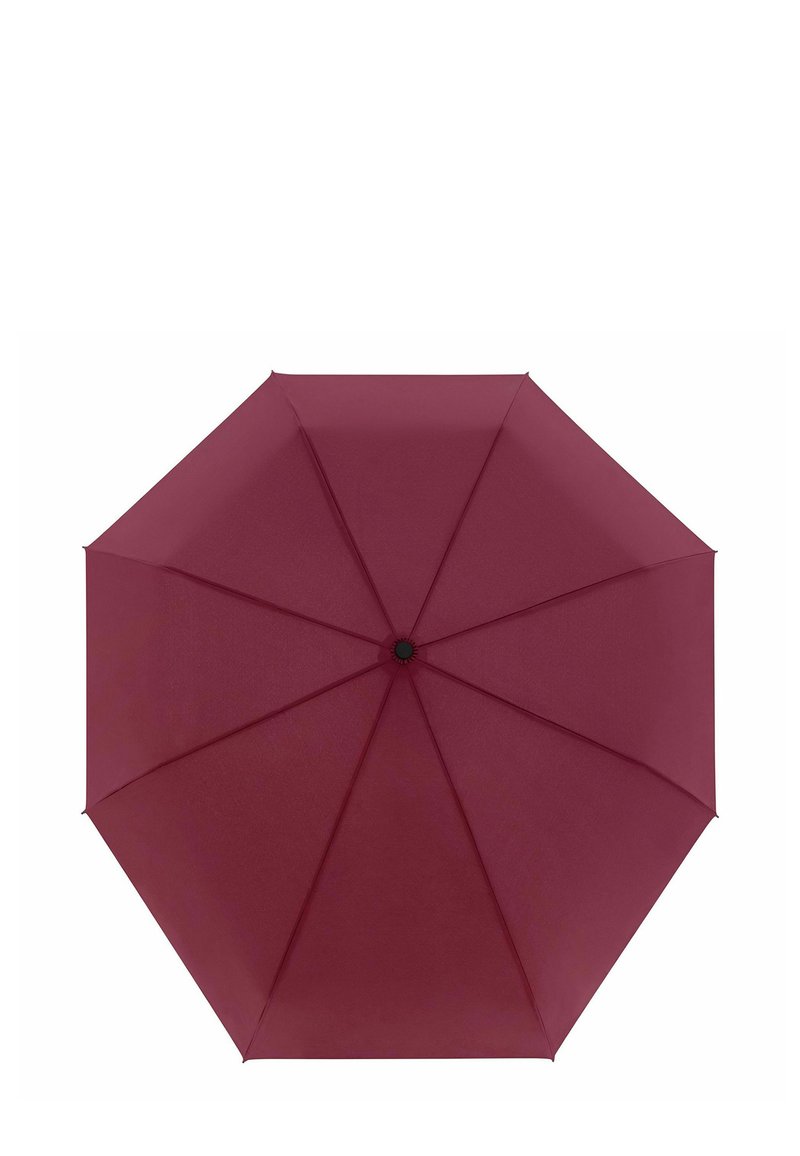 Bordeauxkleurige paraplu met een achthoekige tent, gladde stof, zwarte centrale knop en bijpassende zwarte ribben voor structurele ondersteuning.