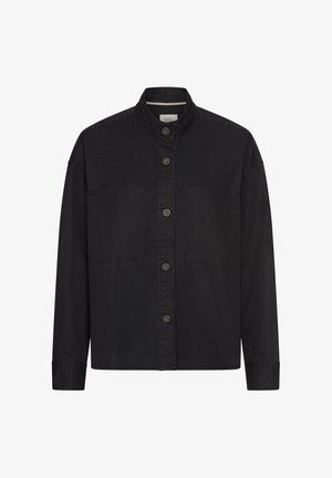 Black long-sleeve button-up shirt with high collar, visible stitching, and five buttons down the front on a white background.