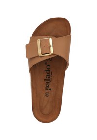 Bruine leren schuif sandaal met een brede band, gouden gesp detail en een zachte binnenvoering. Voorzien van logo en maat die op de binnenzool zijn gedrukt.