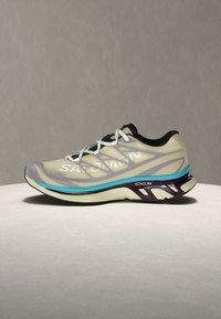 Ανοιχτό μπεζ και γκρι παπούτσι τρεξίματος με λευκά κορδόνια, μπλε και σκούρες μοβ λεπτομέρειες στη σόλα και λογότυπο "Salomon" στο πλάι.