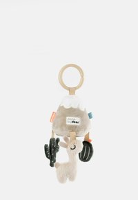 Soft plush toy with a mountain shape in brown and white, featuring a beige llama, and two green cacti, suspended from a circular tan ring.