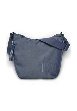 Petit sac bandoulière bleu marine avec bandoulière ajustable, fermeture éclair et étiquette marquée suspendue à la tirette.