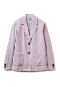 Lila corduroy blazer met notch lapels, twee voorzakken, en bruine knoopaccenten aan de voorkant en mouwen, met een verticale ribbelstructuur.