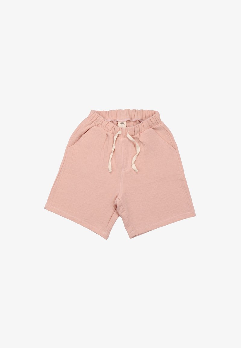 Short en coton rose clair avec taille élastique, cordon blanc et deux poches latérales, posé à plat sur un fond blanc.