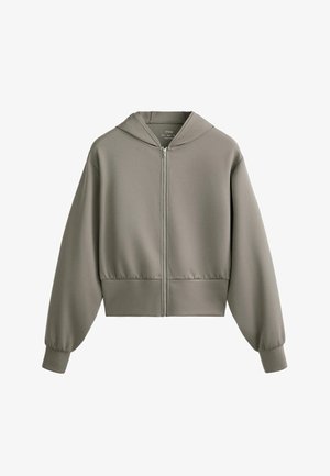 Felpa corta con zip di un verde oliva smorzato, realizzata in tessuto morbido, con cappuccio, polsini a coste e dettaglio di orlo arr gathers.