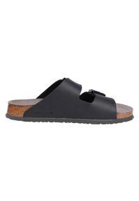 Black slide sandal with two wide straps, cork footbed, textured rubber sole, and a metal buckle detail on strap.