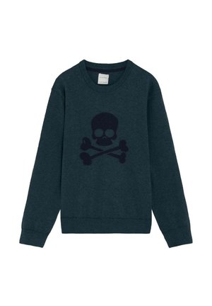 Dark green long-sleeve sweater with a round neck and a black skull and crossed bones graphic on the front.
