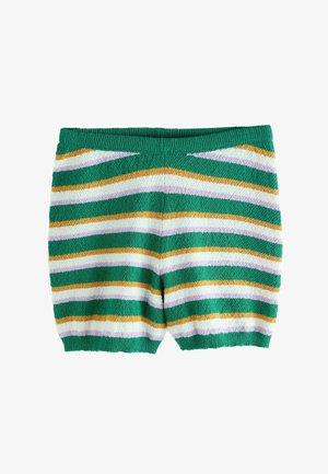 Zöld kötött rövidnadrág vízszintes fehér, levendula és mustársárga csíkokkal, rugalmas derékpánttal és bordázott szárszegélyekkel.