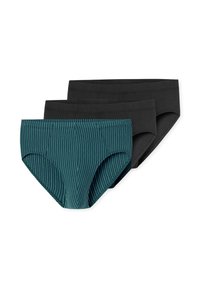 Three men's briefs stacked, two solid black and one teal with vertical gray stripes, on a white background.