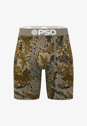 Boxers pour hommes avec un motif camouflage de feuilles de chêne marron, vert et beige ainsi que des branches d'arbre, avec une ceinture beige portant le logo PSD.