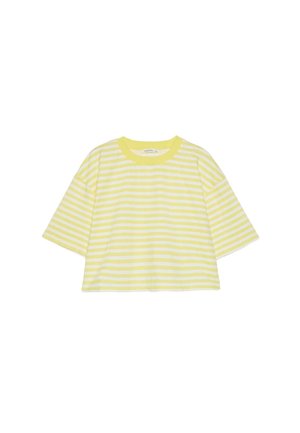 T-shirt court à manches courtes rayé horizontalement jaune et blanc avec un col rond et une coupe décontractée.