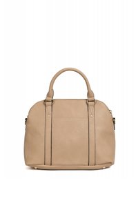 Borsa a mano in pelle beige con un design strutturato, doppi manici superiori, hardware color oro e cuciture di accentuazione nere. Chiusura con zip.