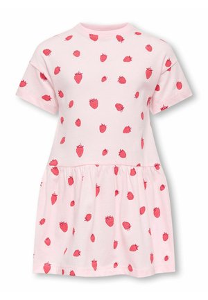 Light pink short-sleeve dress with gathered waist, decorated with evenly spaced small red strawberry prints.