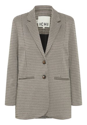 Checkered blazer in beige and black. Structured design with notched lapels, two front pockets, and two brown buttons on the front.