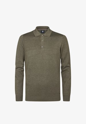 Olijfgroene longsleeve polo sweater van zacht breimateriaal. Heeft een kraag, een knoopsluiting met drie knopen en geribde boorden.
