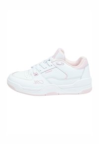 White sneakers with pink accents, textured leather and mesh upper, round toe, lace-up design, and padded collar for comfort.