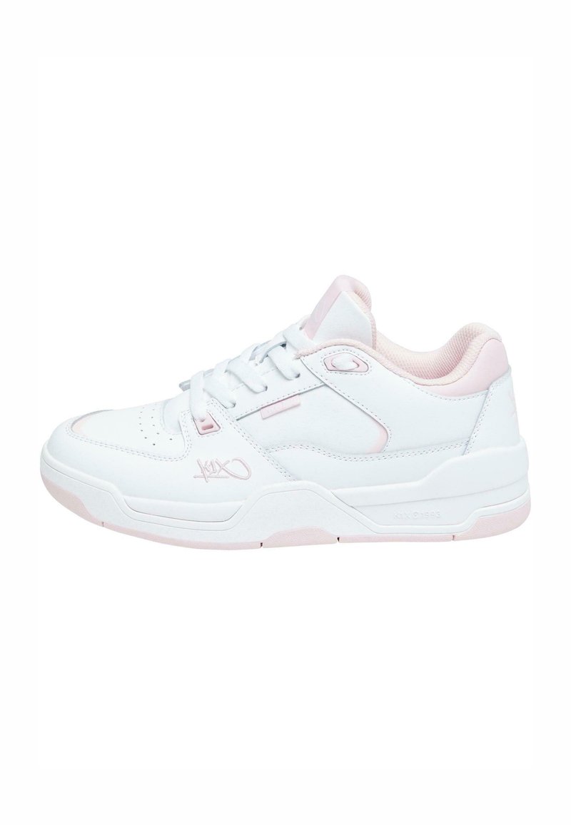 White sneakers with pink accents, textured leather and mesh upper, round toe, lace-up design, and padded collar for comfort.