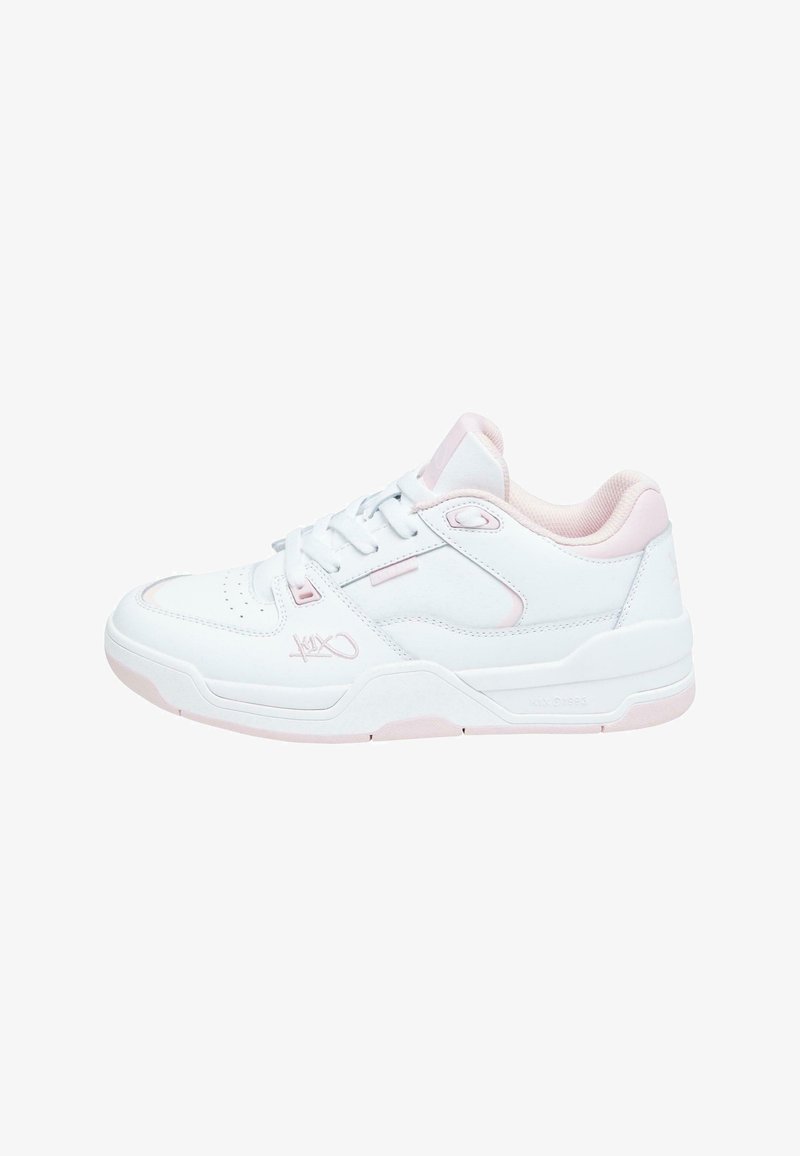 White sneakers with pink accents, textured leather and mesh upper, round toe, lace-up design, and padded collar for comfort.