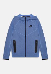 Blue mesh zip-up jacket with a hood, featuring black zipper pockets and a black logo on the chest. Textured material and fitted design.