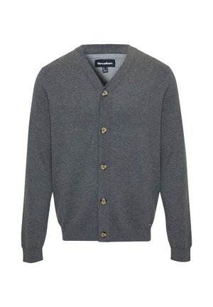 Grijze cardigan met V-hals, voorzien van houten knopen en geribbelde manchetten. Gemaakt van zachte stof, heeft een ontspannen pasvorm en een minimalistisch ontwerp.