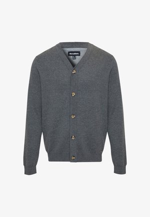 Grå cardigan med V-hals, der har træknapper og ribbede manchetter. Lavet af blødt stof, den har en afslappet pasform og et minimalistisk design.