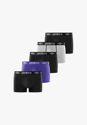 Cinq paires de boxers pour hommes en noir, gris et violet, chacune avec une ceinture noire ornée du logo blanc Umbro.
