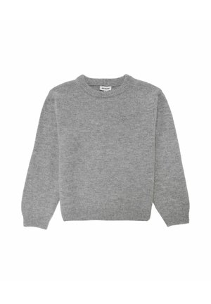 Gray knit sweater with a round neck, long sleeves, and ribbed cuffs and hem. Soft texture, solid color, no patterns or accents.