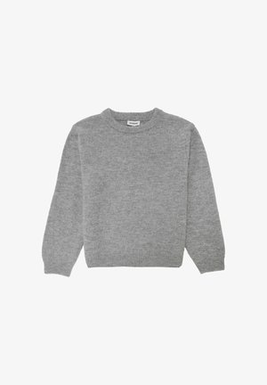 Szary sweter dzianinowy z okrągłym dekoltem, długimi rękawami oraz ściągaczami na mankietach i dole. Miękka faktura, jednolity kolor, brak wzorów i akcentów.