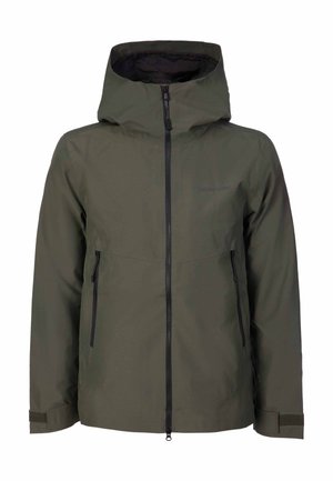 Dunkelgrüne wasserdichte Jacke mit Kapuze, durchgehendem Frontreißverschluss, zwei seitlichen Reißverschlusstaschen und verstellbaren Klettverschluss-Bündchen.