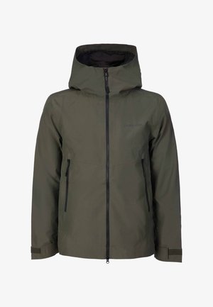Dunkelgrüne wasserdichte Jacke mit Kapuze, durchgehendem Frontreißverschluss, zwei seitlichen Reißverschlusstaschen und verstellbaren Klettverschluss-Bündchen.