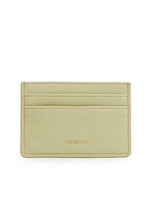 Porta carte in pelle beige con tre scomparti per carte e logo dorato "MIRIADE" centrato sul frontale.