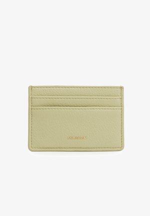 Porta carte in pelle beige con tre scomparti per carte e logo dorato "MIRIADE" centrato sul frontale.
