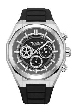 Miesten Police-kronografikello mustalla kellotaululla, kolmella pieniä tauluilla, hopeisilla merkeillä, ruostumattomasta teräksestä valmistetulla kahdeksankulmaisella kotelolla ja mustalla kumihihnalla.