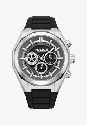 Heren Police chronograafhorloge met zwarte wijzerplaat, drie subdials, zilveren markers, roestvrijstalen achthoekige kast en zwarte rubberen band.