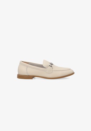 Beige leather loafer with silver buckle detail and low brown heel, shown from the side on a white background.