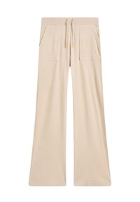 Pantalons beige à jambe large en tissu doux, dotés de deux poches avant, d'une taille à cordon avec des embouts en métal doré et d'un discret détail de logo.