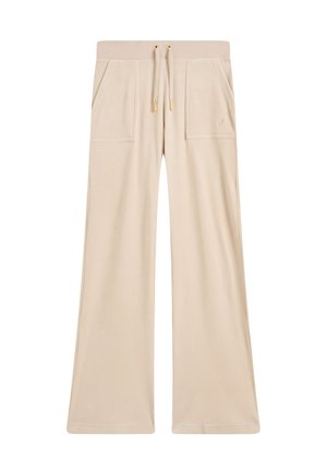 Pantaloni beige a gamba larga realizzati in tessuto morbido, dotati di due tasche frontali, vita con coulisse e punte in metallo dorato, e un delicato dettaglio del logo.