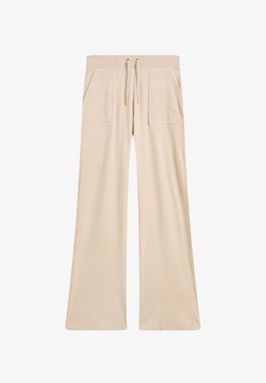Pantaloni beige a gamba larga realizzati in tessuto morbido, dotati di due tasche frontali, vita con coulisse e punte in metallo dorato, e un delicato dettaglio del logo.