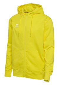 Gelber Kapuzenpullover mit Reißverschluss aus weichem Stoff. Verfügt über eine Kapuze mit Kordelzug, zwei Fronttaschen und ein kleines Logo auf der Brust.