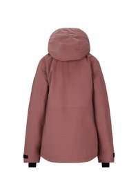 Kurze, rosa Außenjacke mit Kapuze, featuring eine glatte Textur, langen Ärmeln und schwarzen Akzenten an den Bündchen. Rückansicht.