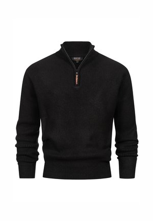 Schwarzer gerippter Strickpullover mit langen Ärmeln und einem Viertel-Reißverschluss-Kragen, der einen braunen Reißverschluss-Zug hat.