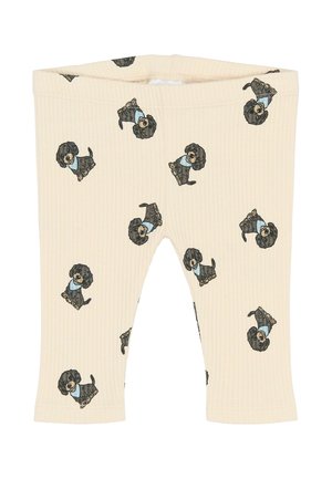 Beige ribbede baby leggings med gentagne sorte hundeillustrationer iført blå bandanaer trykt over hele stoffet.