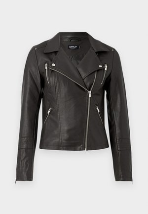 Black leather motorcycle jacket with a fitted design, asymmetrical front zipper, and three zippered pockets. Features shoulder epaulets.