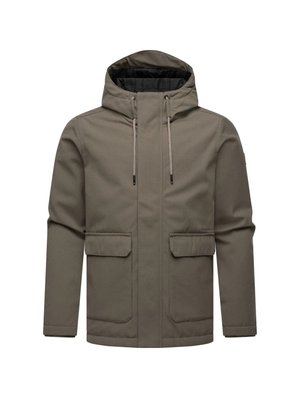 Olijfgroene hooded jack met een ritssluiting, twee voorkruiden en een trekkoord bij de kraag. Glad textuur en een schoon, minimalistisch ontwerp.