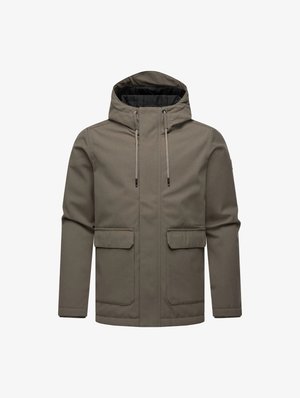 Olive spalvos striukė su kapišonu, užsegama užtrauktuku, su dviem priekiniais kišenėmis ir virvute ant apykaklės. Lygus paviršius ir švarus, minimalistinis dizainas.