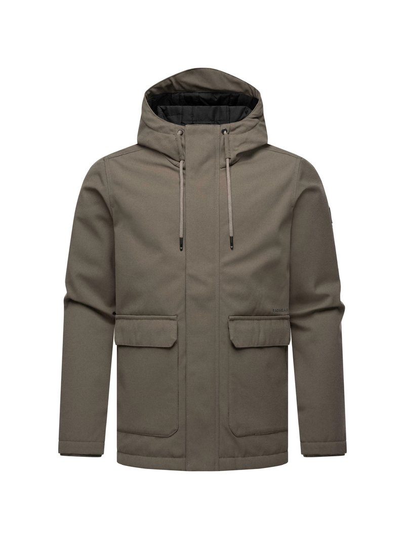 Chaqueta con capucha de color verde oliva con cierre de cremallera, dos bolsillos frontales y cordón en el cuello. Textura suave y un diseño limpio y minimalista.